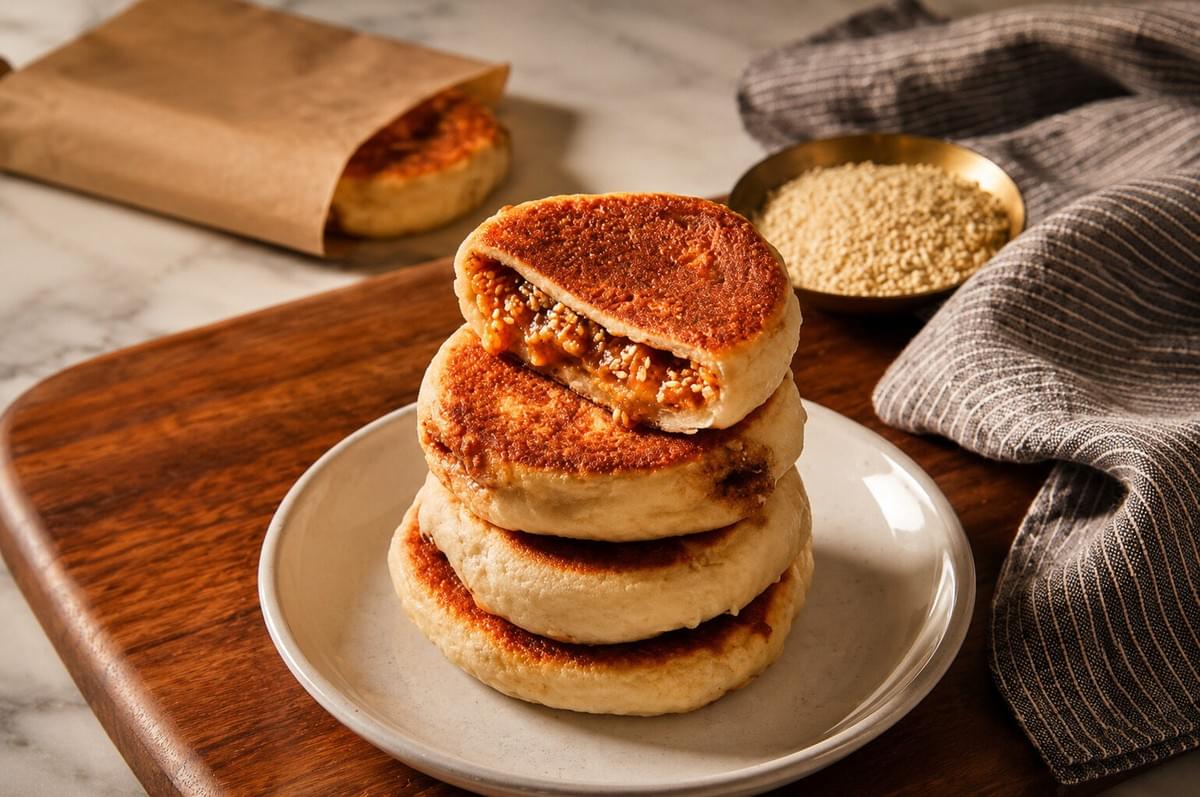 A stack of hotteok pancakes on a white plate, showing a sweet nut-and-seed filling inside the top piece.