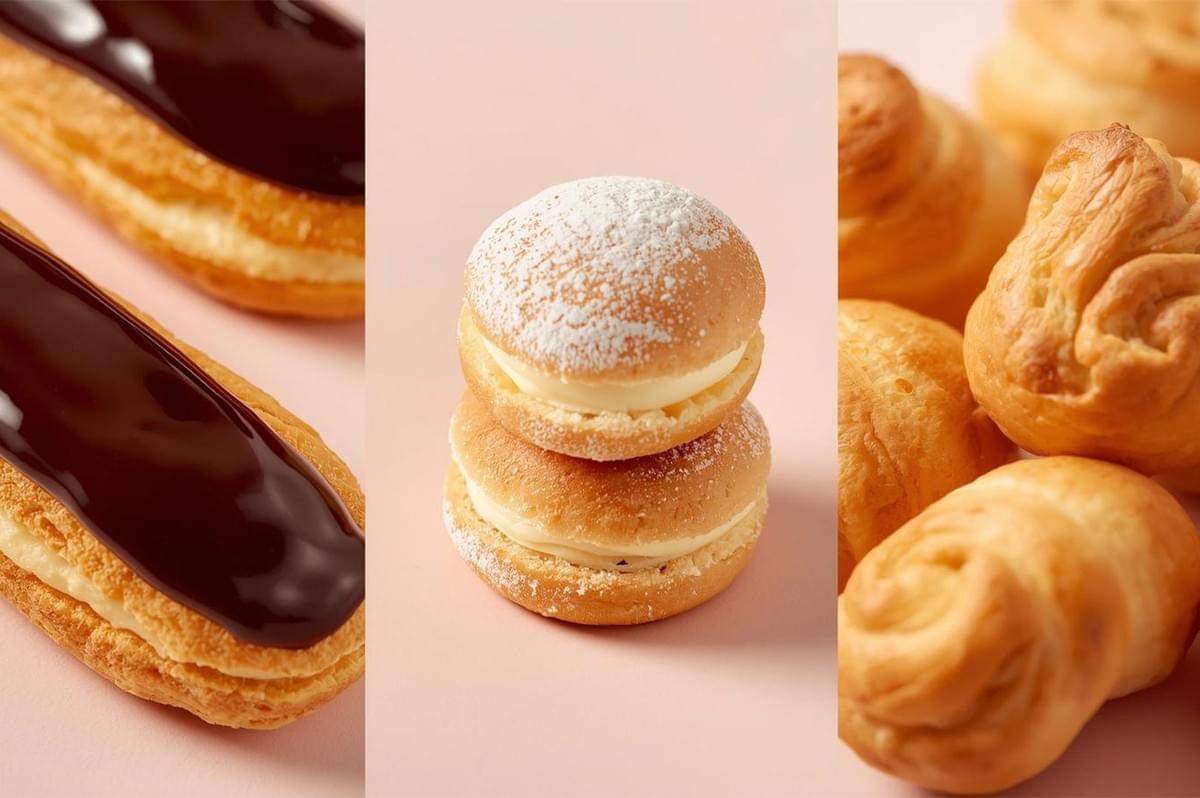 Close-up triptych of French pastries: a chocolate-glazed eclair filled with pastry cream, two stacked cream puffs dusted with powdered sugar, and a cluster of baked choux pastry shells.