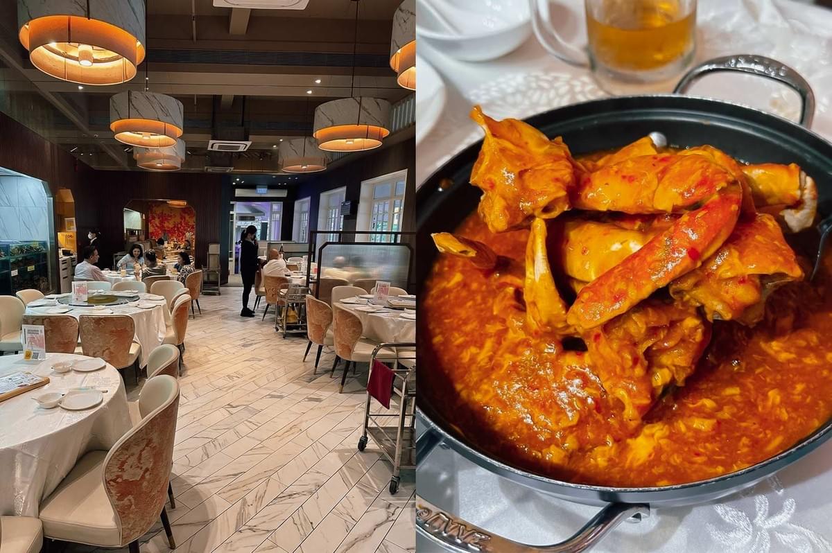 A split image showing a seafood restaurant interior on the left and a chili crab dish on the right. The left side illustrates a spacious dining room with light tiled floors, drum pendant lights hanging overhead, and round tables set with white tablecloths and beige chairs. The right side features a close-up of crab legs coated in a rich, thick, orange chili gravy served in a black Staub pan.