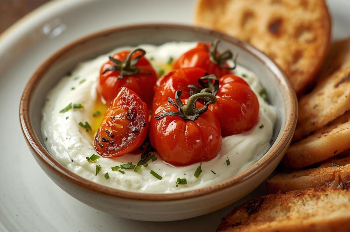 A close-up of a small bowl filled with creamy whipped feta dip, topped with beautifully roasted cherry tomatoes on the vine, chives, and a drizzle of olive oil, served with toast points.
