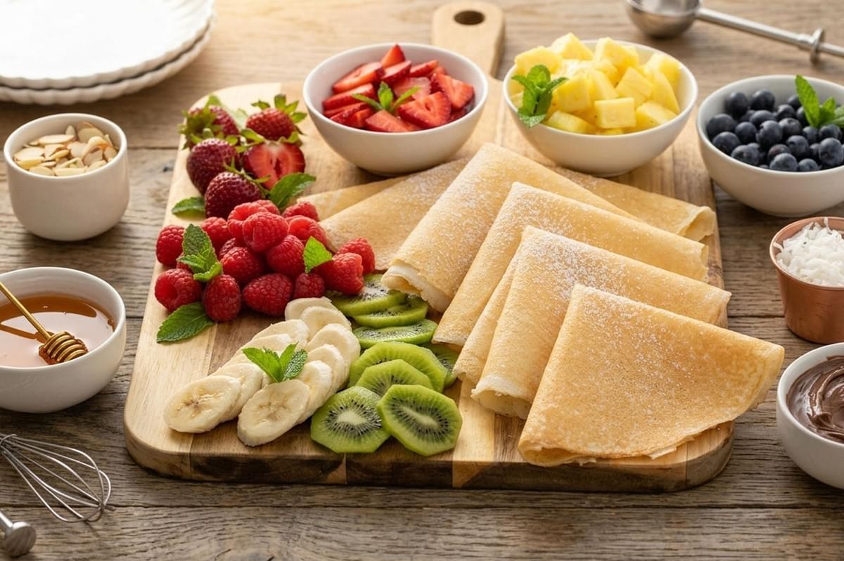 Wooden board with folded crepes, fresh fruits, honey, nuts, and chocolate spread for creative topping bar