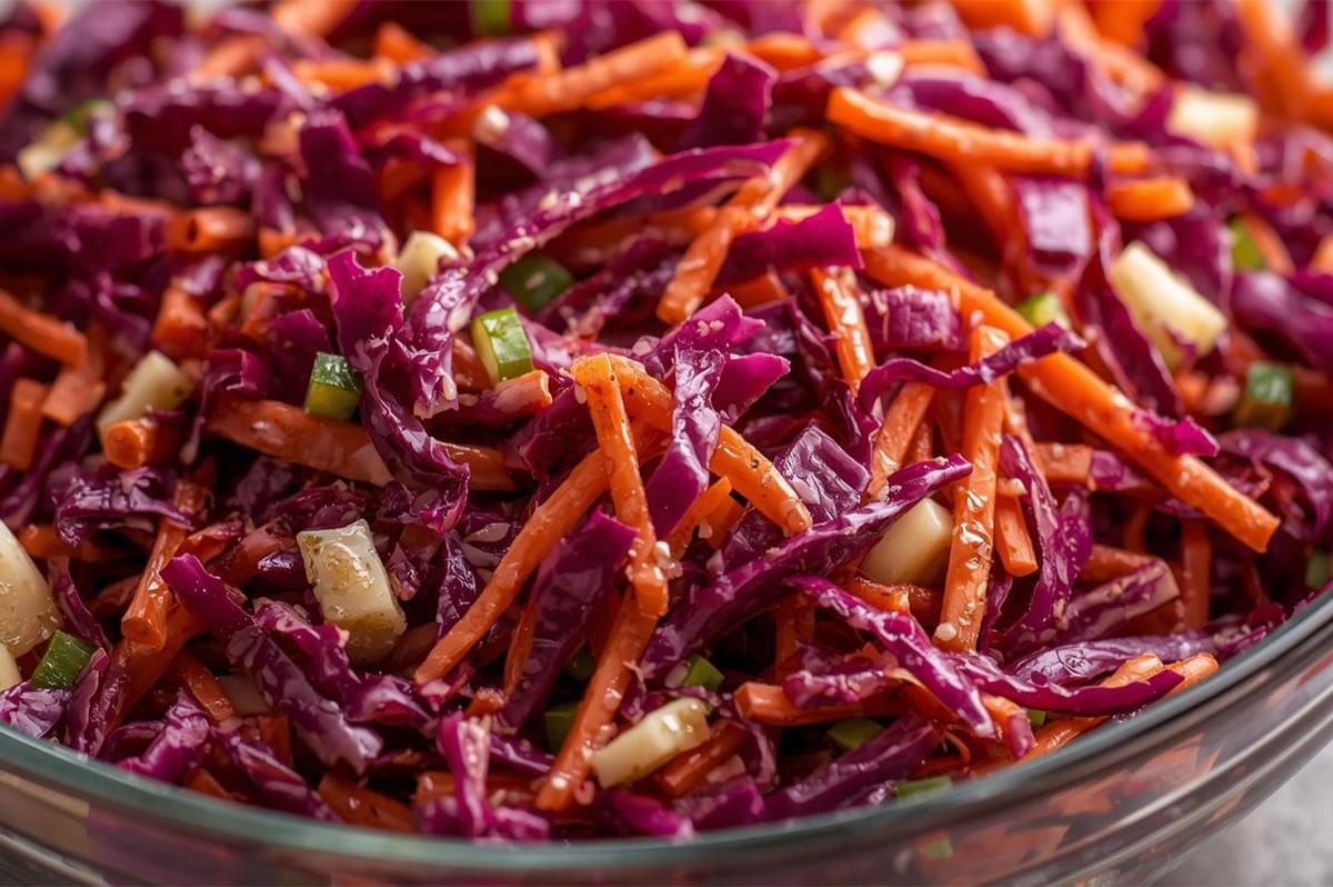 Close-up of a vibrant homemade coleslaw or salad in a glass bowl, made from shredded red cabbage, julienned carrots, and diced green onions or peppers.