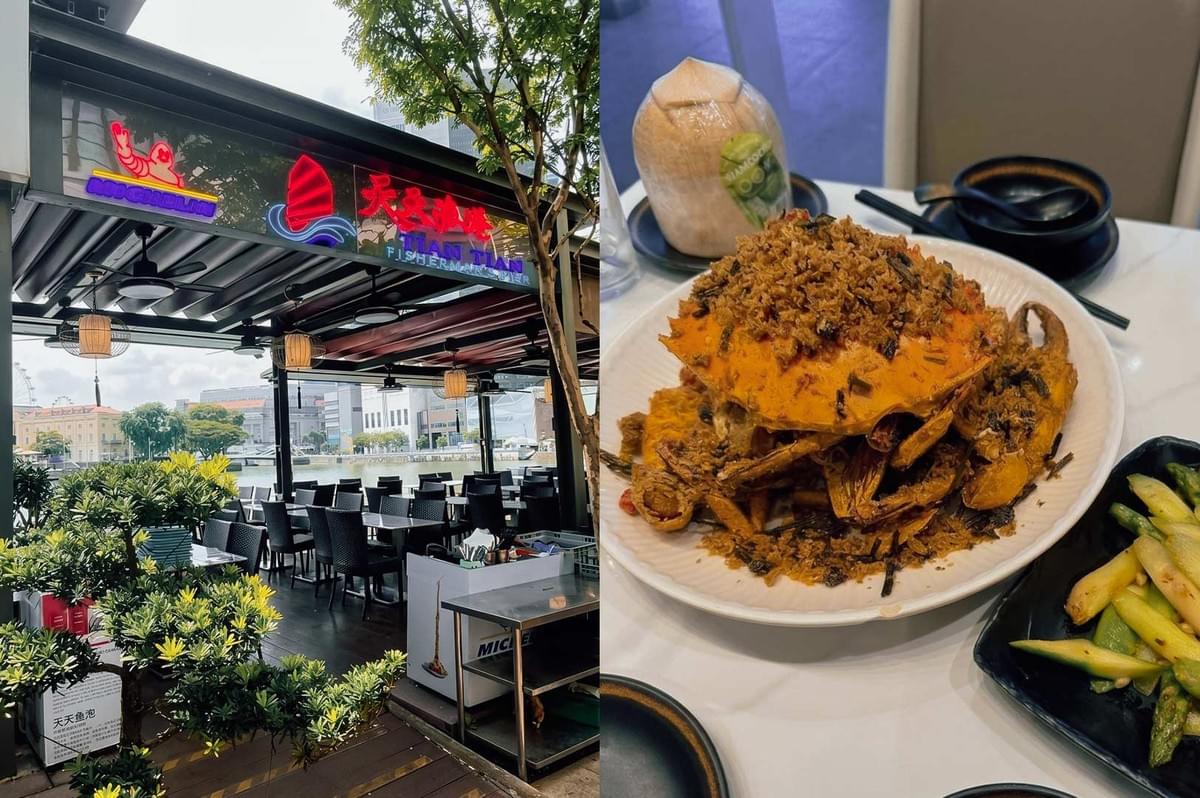 A split image featuring an outdoor restaurant venue on the left and a seafood dish on the right. The left side shows the covered patio seating of "Tian Tian Fisherman's Pier" overlooking a riverfront view with buildings and a ferris wheel in the distance. The right side features a cooked whole crab heaped with crispy fried garlic and spices on a white plate, accompanied by a fresh coconut drink and a side of green vegetables on a white table.