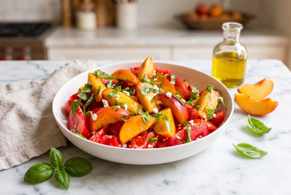  Bowl of fresh peach and tomato salad tossed with chopped basil and crumbled feta cheese.