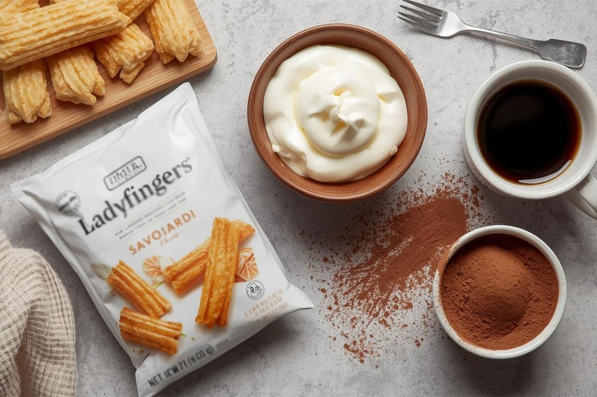 Overhead flat lay of tiramisu ingredients, including a package of Savoiardi (Ladyfingers), a bowl of white whipped cream or mascarpone, a cup of espresso, and a bowl of cocoa powder.