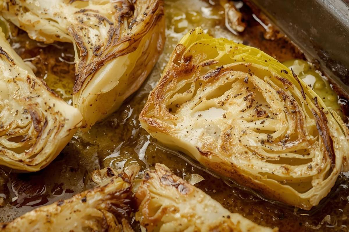 Close-up of large wedges of roasted green cabbage seasoned with pepper and herbs, sizzling in oil on a metal baking tray, showing caramelized edges.