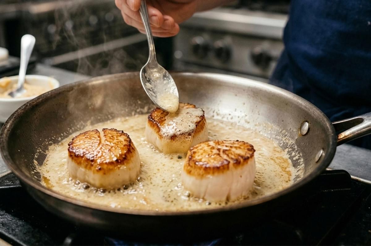 A close-up, action shot of a chef searing three large sea scallops in a stainless steel skillet. The scallops have a rich, caramelized golden-brown crust on top. The chef is using a silver spoon to "baste" the scallops with a shimmering, bubbling butter sauce. Steam rises from the pan, and the background shows the blurred knobs of a professional kitchen stove.