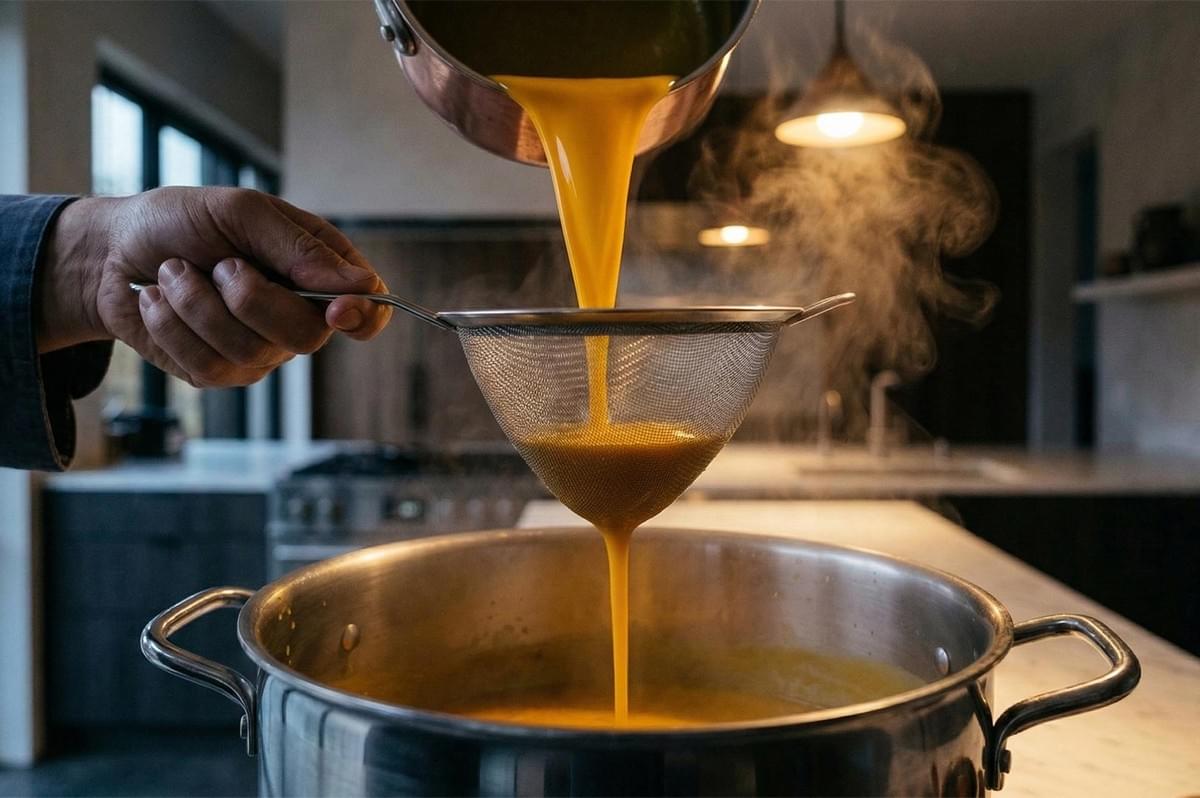 Chef's hand pouring a vibrant orange pumpkin soup through a fine-mesh metal strainer into a large stainless steel pot with rising steam.