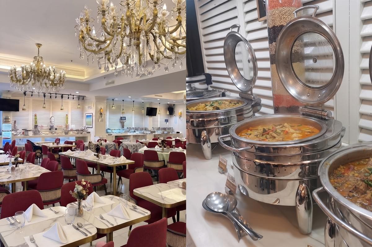 The Landmark Restaurant halal international buffet spread and dining room at Village Hotel Bugis Singapore.