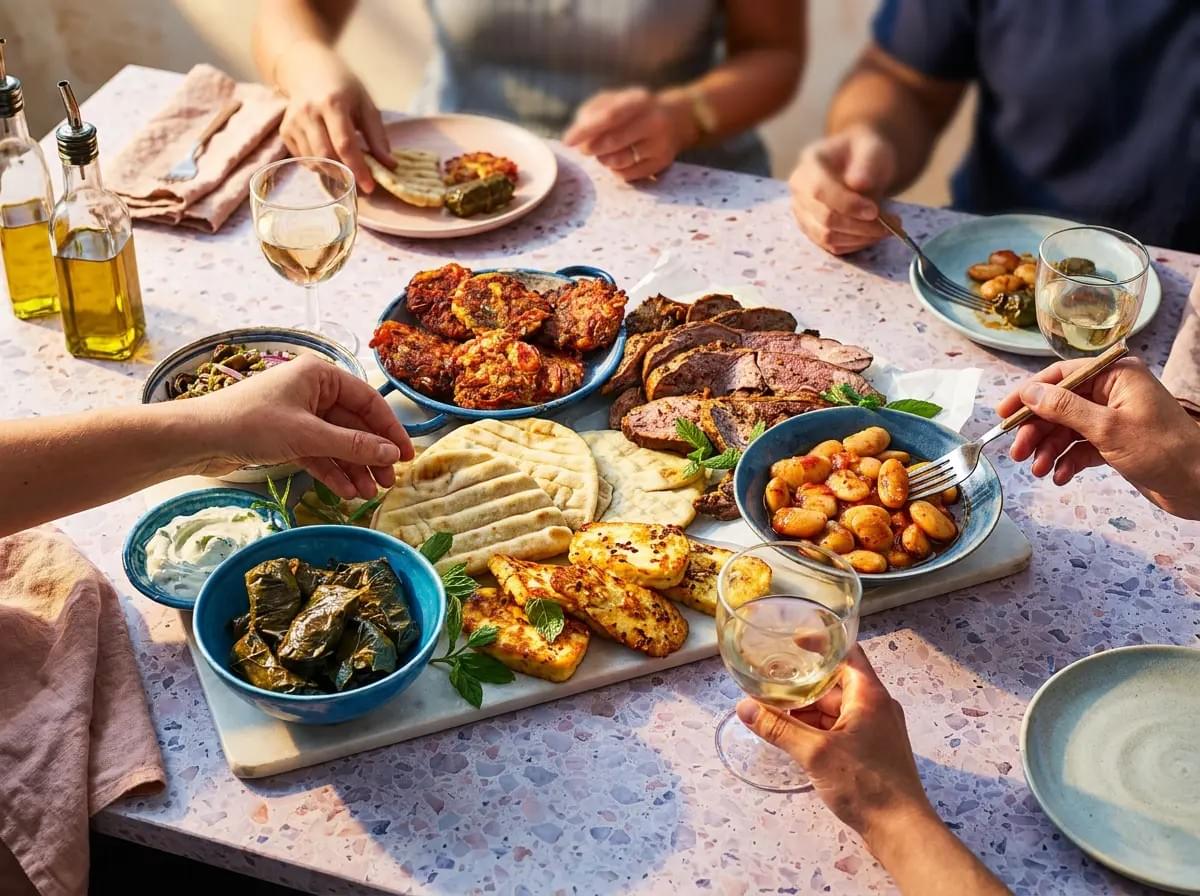 An overhead view of diners sharing a Greek platter on a terrazzo table, featuring pita bread, dolmades, giant beans in tomato sauce, grilled halloumi, roasted meats, and glasses of white wine.