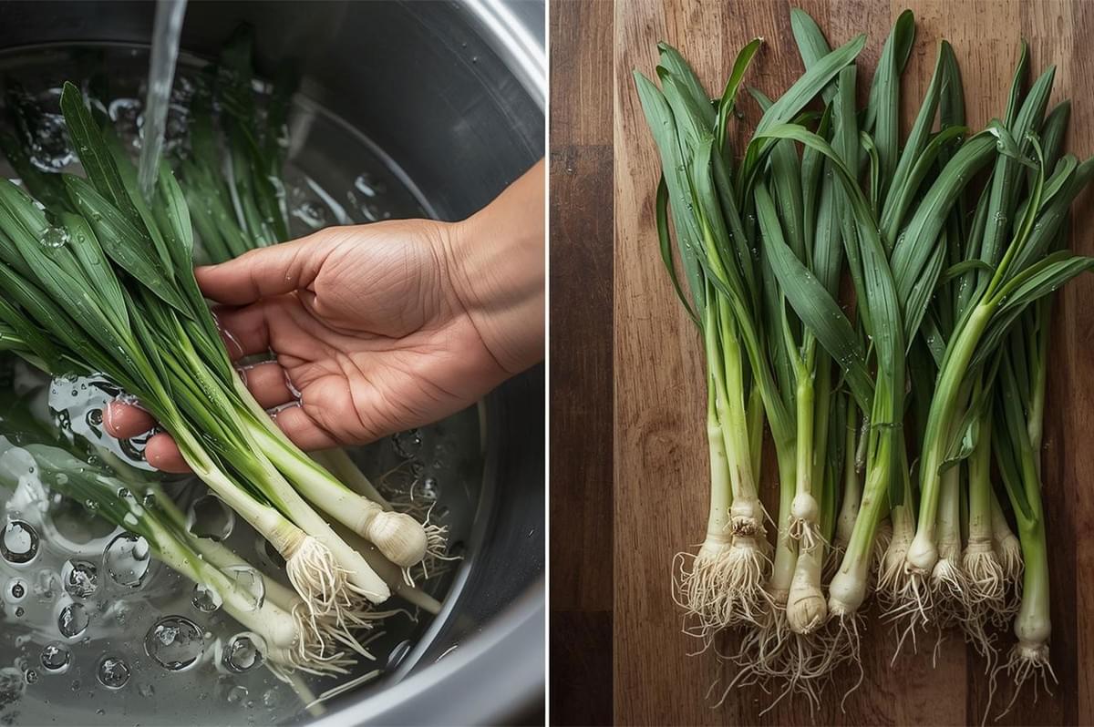 Diptych image showing the preparation of ramps: (left) a hand washing the white bulbs and green leaves under running water in a sink, and (right) the clean ramps lying on a wooden board.
