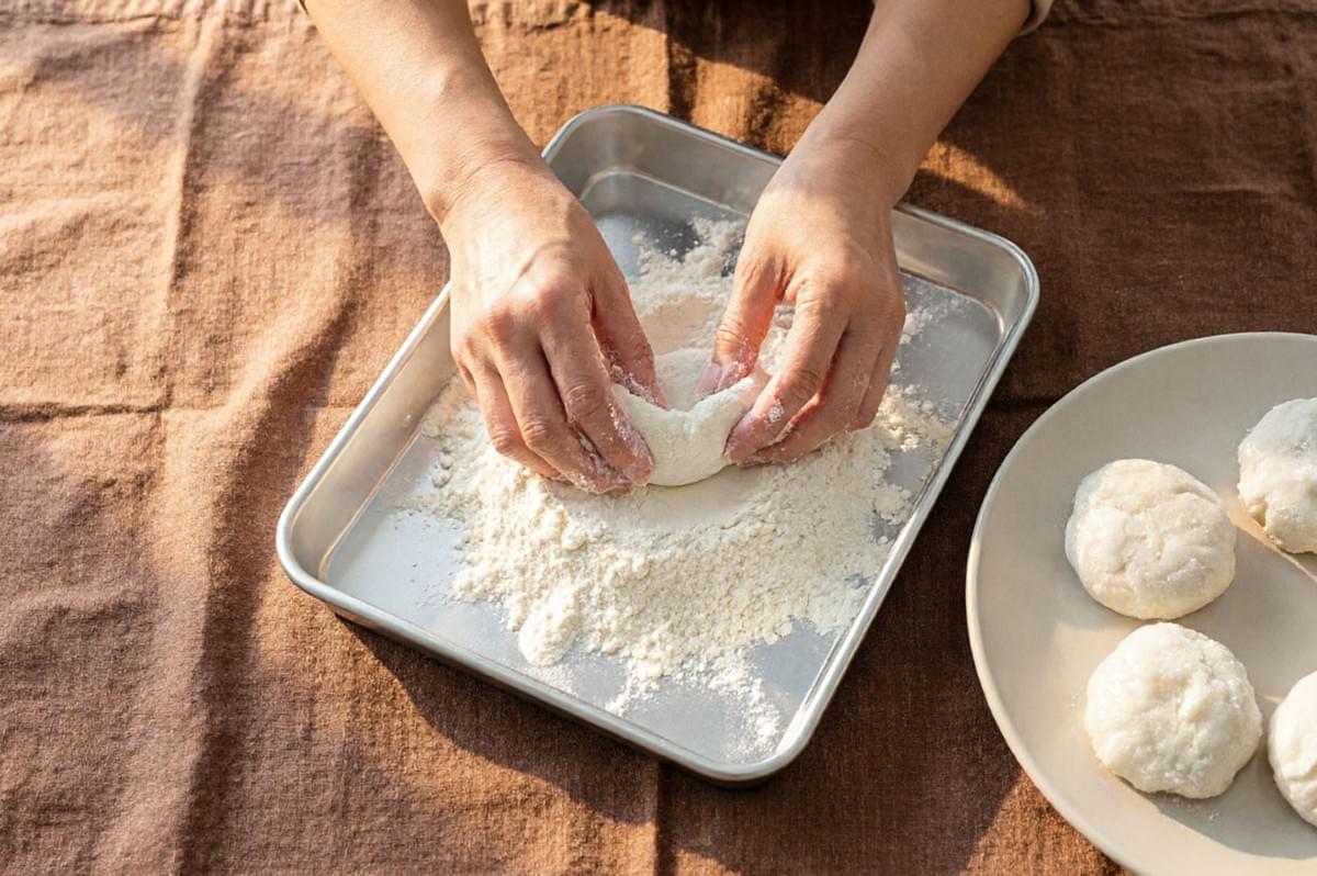 Hands shaping mochi dough in flour on baking tray with finished mochi on plate
