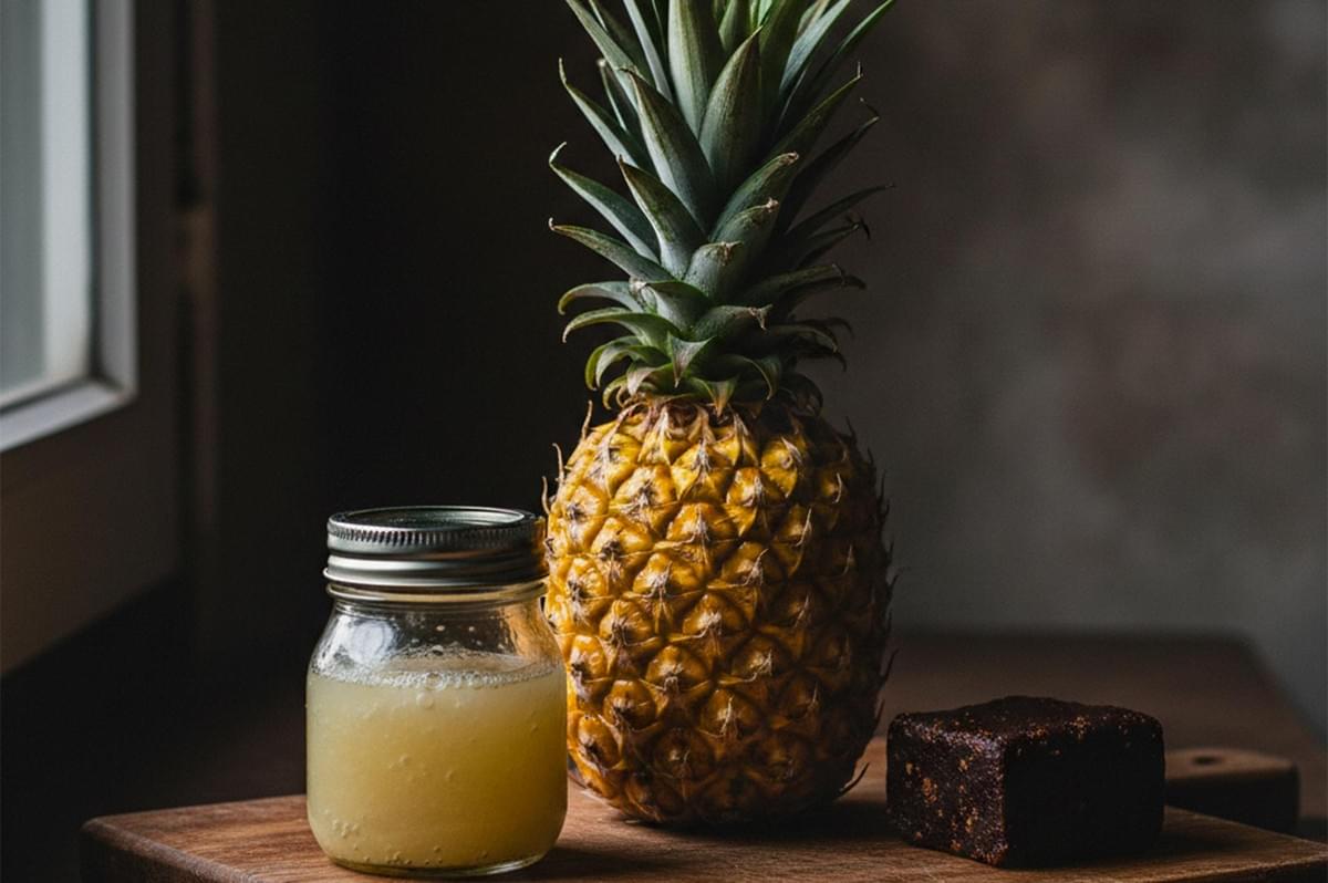 Fresh whole pineapple next to a small glass jar of pineapple juice and a block of dark tamarind paste on a wooden cutting board.