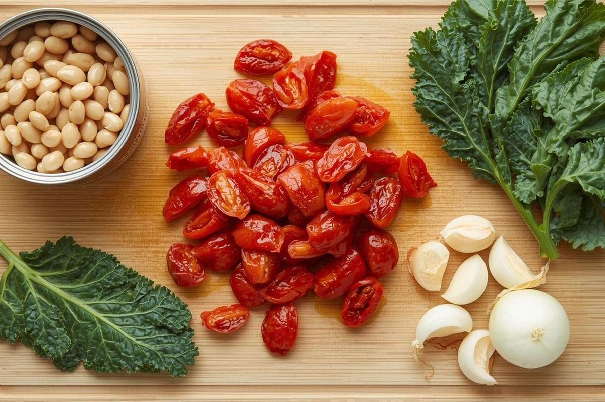 An overhead flat lay of soup ingredients on a bamboo cutting board, including a can of cannellini white beans, halved sun-dried or roasted tomatoes, fresh kale leaves, garlic cloves, and a white onion.