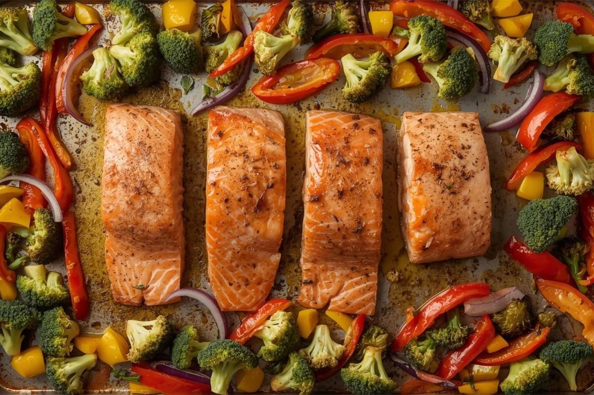 Overhead view of four seasoned salmon fillets baking on a sheet pan, surrounded by colorful chopped vegetables like broccoli, red onions, and bell peppers.