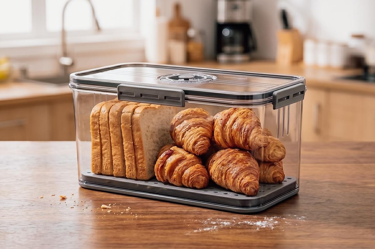 Close-up front angle shot of airtight plastic food storage container preserving sliced bread and croissants on a kitchen counter, demonstrating proper storage to extend shelf life and prevent mold in warm climates.
