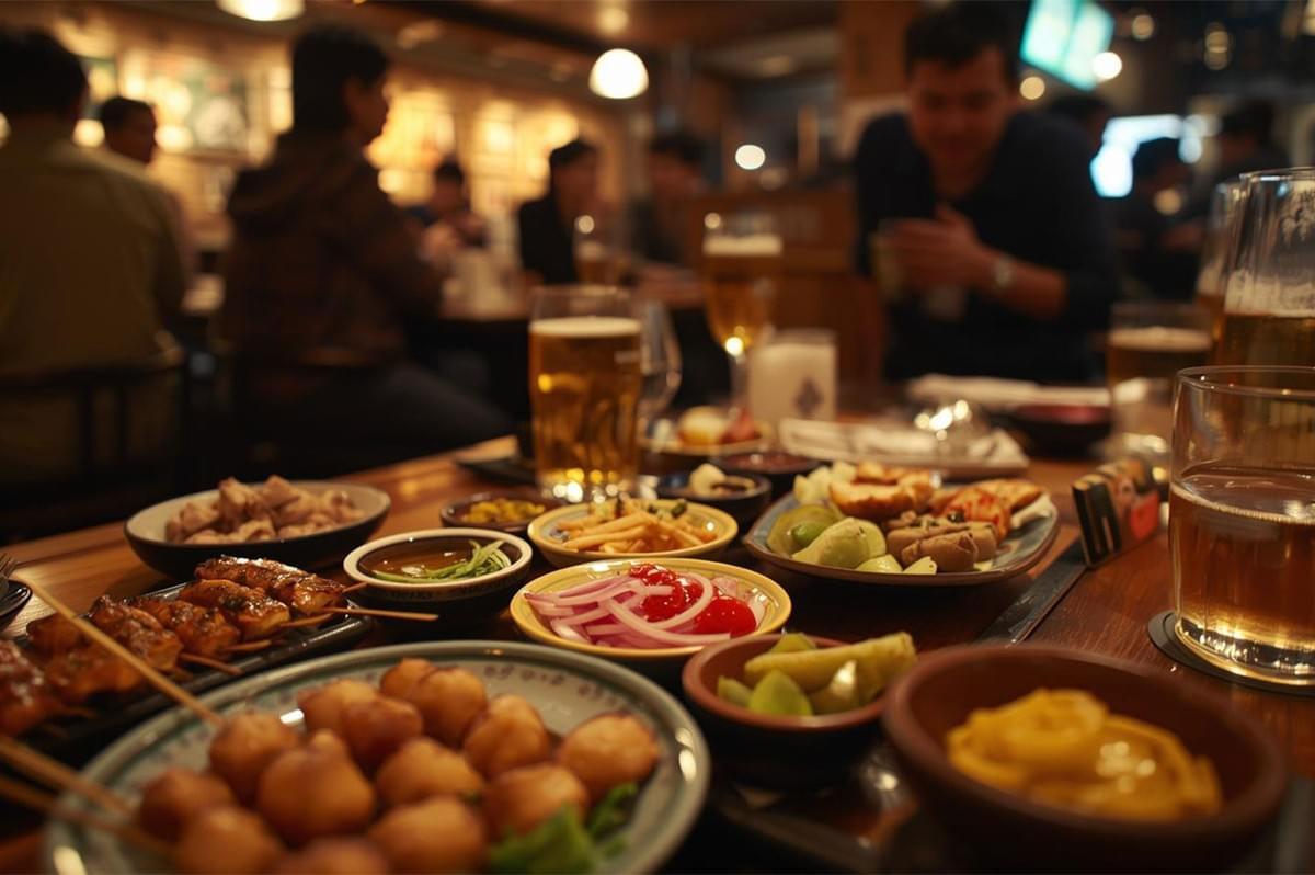Close-up of a dark wooden table in a dimly lit Japanese izakaya, covered with a spread of small plates of appetizers including fried snacks, skewers, pickled vegetables, and glasses of beer and clear liquor.