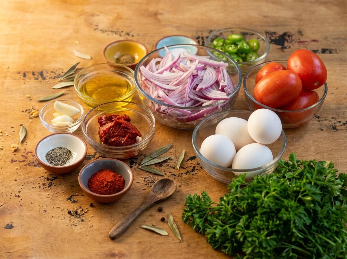 An arrangement of raw ingredients on a wooden surface, including bowls of sliced red onions, whole tomatoes, white eggs, fresh parsley, olive oil, tomato paste, garlic, sliced green chilies, and various spices.