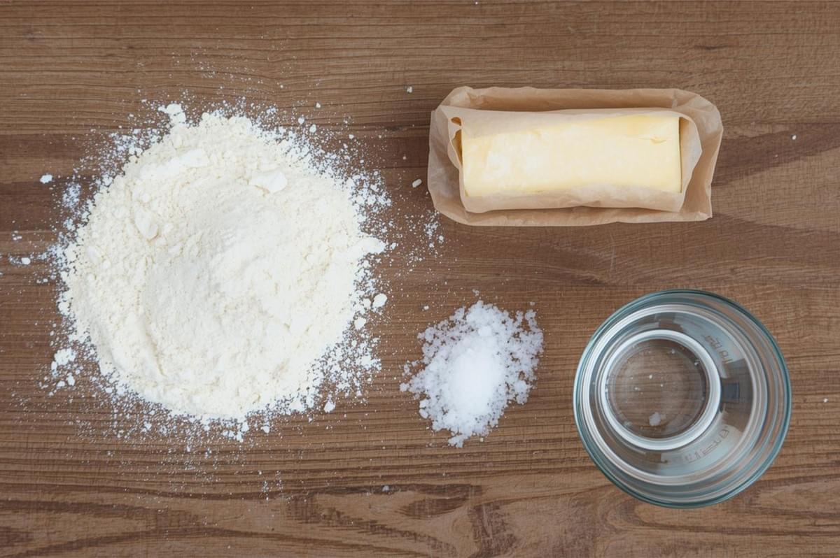 Overhead flat lay of pie crust ingredients on a wooden surface: a mound of all-purpose flour, a stick of butter, a pile of salt, and a glass bowl of cold water.