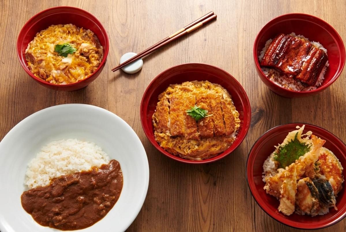 Variety of Japanese rice dishes including katsudon, unadon, oyakodon, tempura don, and Japanese curry.  