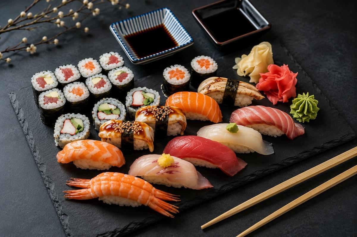 A slate tray of assorted nigiri and maki sushi served with soy sauce, ginger, wasabi, and chopsticks.