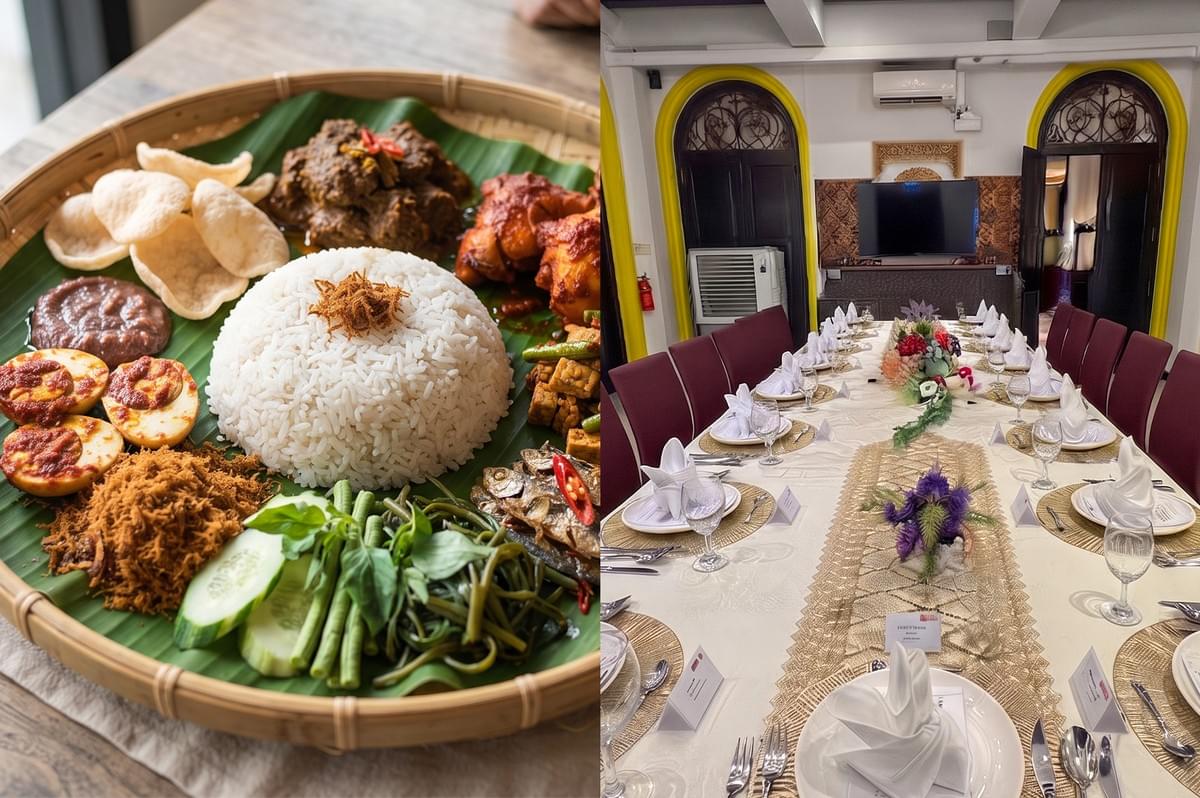 Traditional Nasi Ambeng platter and elegant long dining table setup at Permata Singapore restaurant.