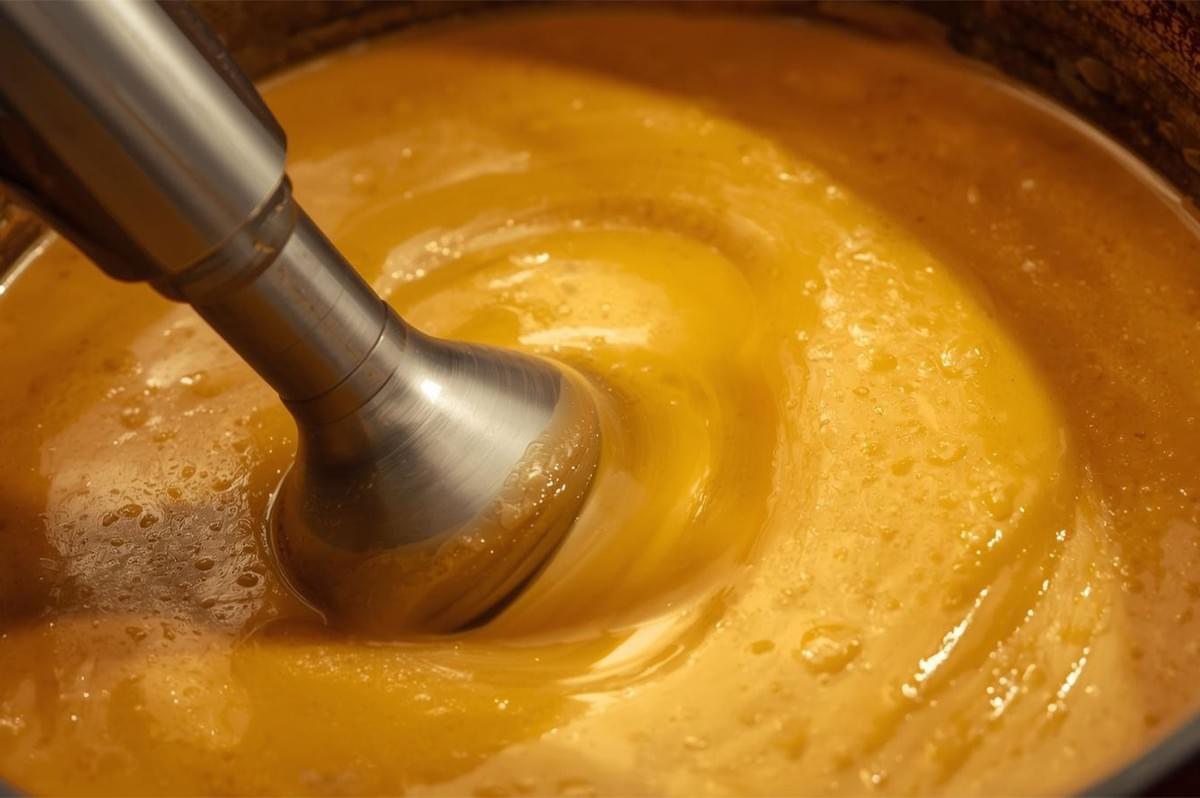 A close-up action shot of an immersion blender submerged in a thick, vibrant orange soup (likely made from the roasted root vegetables), creating a smooth, creamy texture.