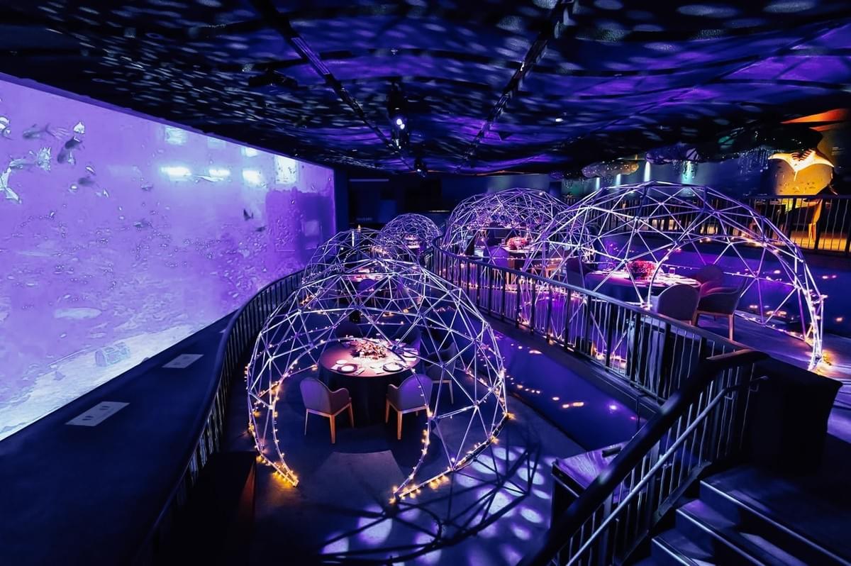 High-angle interior shot of an immersive fine dining restaurant in Singapore featuring private dome-enclosed tables, atmospheric blue and purple lighting, and a theatrical setting designed for intimate and romantic dining experiences