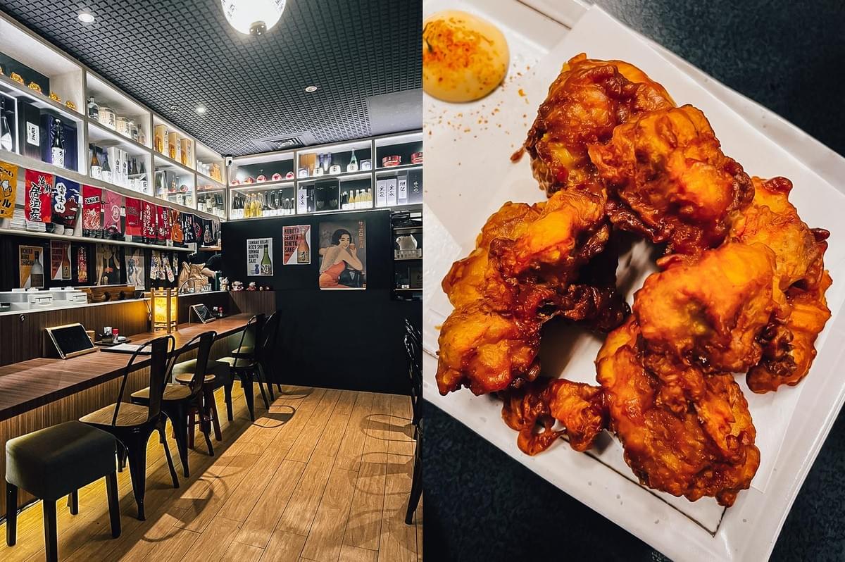 Left: Wide-angle eye-level view of a modern izakaya interior bar with counter seating, wooden stools, shelves stocked with sake bottles, Japanese posters and banners, and warm lighting creating an intimate dining space. Right: Close-up, top-down angle of fried chicken karaage pieces on a white plate, showing crispy golden-brown coating, irregular textures, and a side of dipping sauce placed near the edge of the dish.