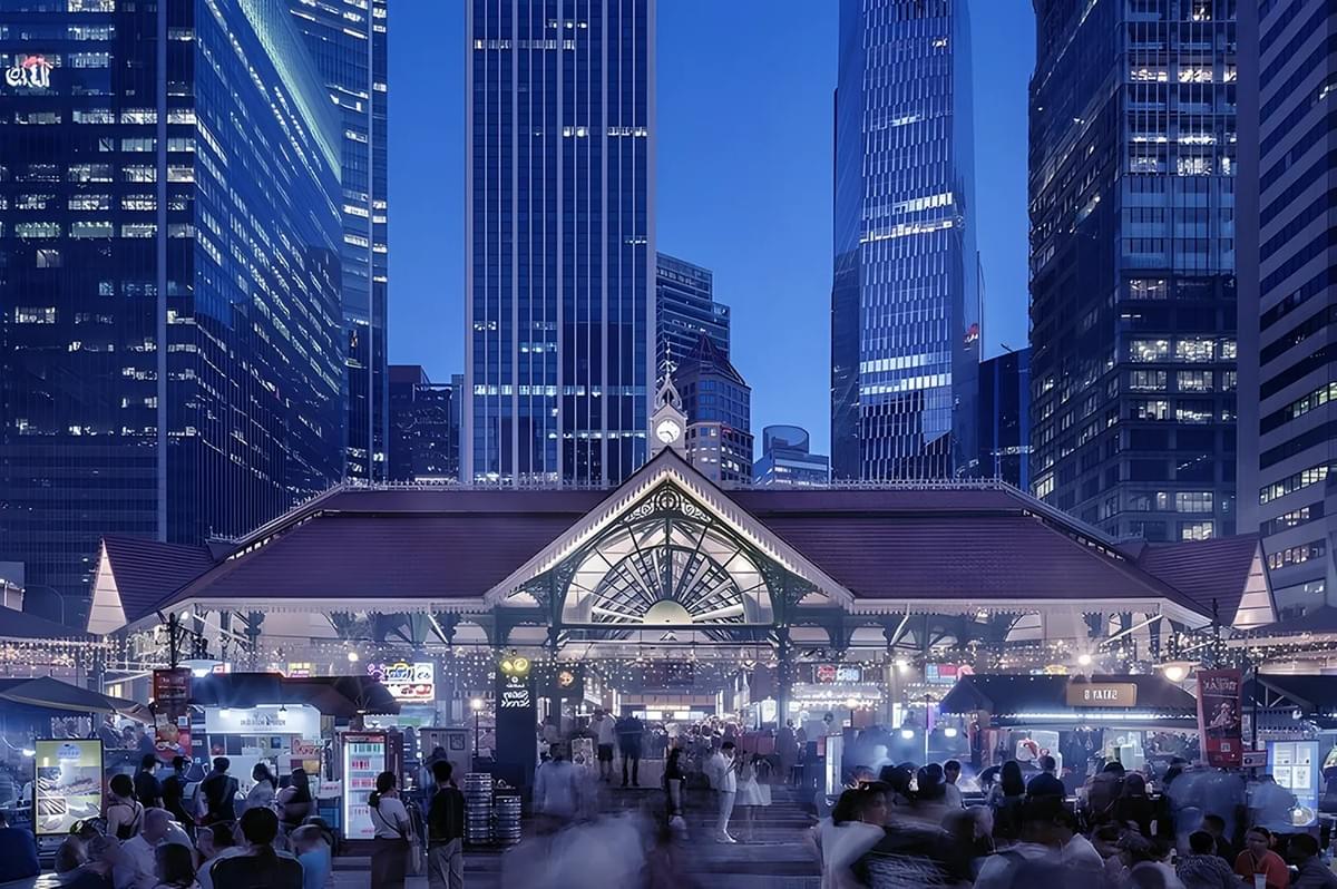 Night scene of a bustling food market with a red-roofed building, surrounded by illuminated skyscrapers. Vibrant, lively atmosphere with blurred crowds.