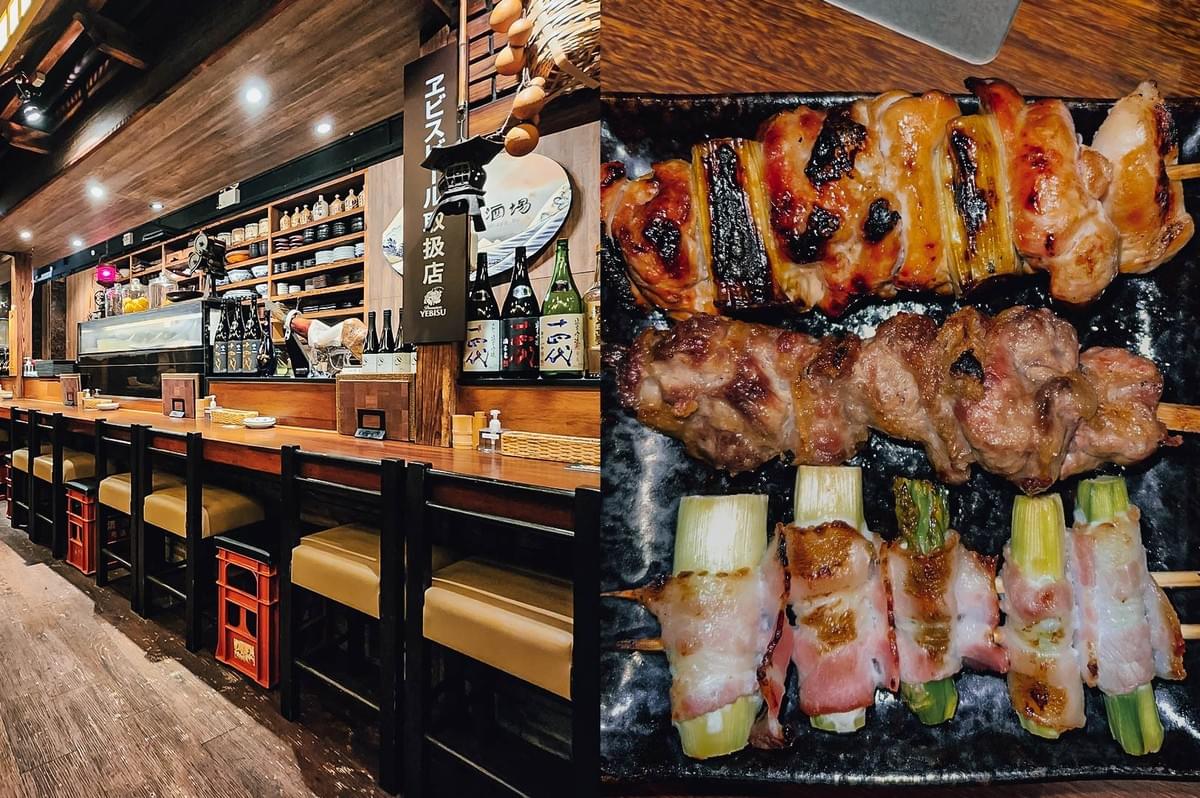 Left: Eye-level wide shot of a cozy izakaya bar counter with wooden surfaces, cushioned stools, open shelving filled with plates and bottles, and warm overhead lighting creating an intimate dining atmosphere. Right: Top-down close-up of assorted yakitori skewers on a rectangular black plate, featuring grilled chicken, scallions, and bacon-wrapped vegetables with charred edges and glossy glaze textures.