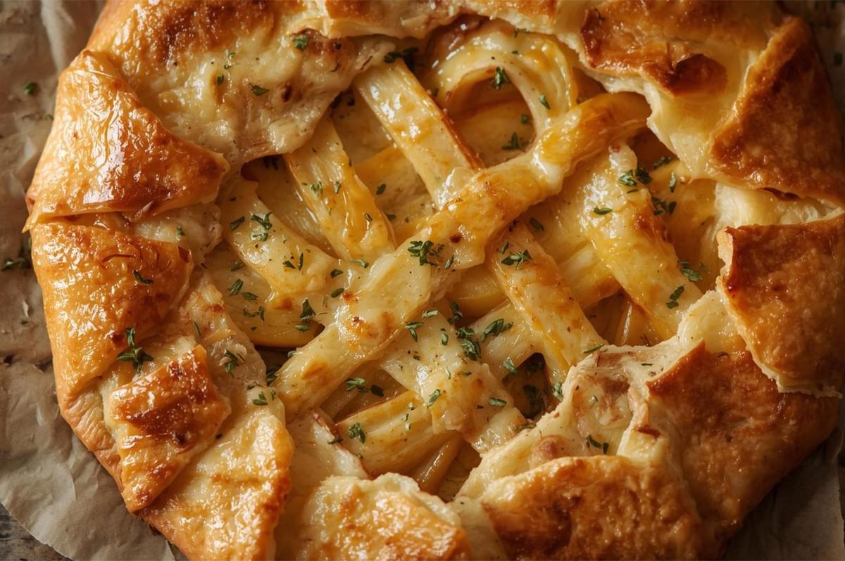 Extreme close-up of a rustic, savory galette or tart, featuring a golden-brown flaky crust and a filling of white asparagus spears woven into a lattice pattern, covered in melted cheese and sprinkled with herbs.