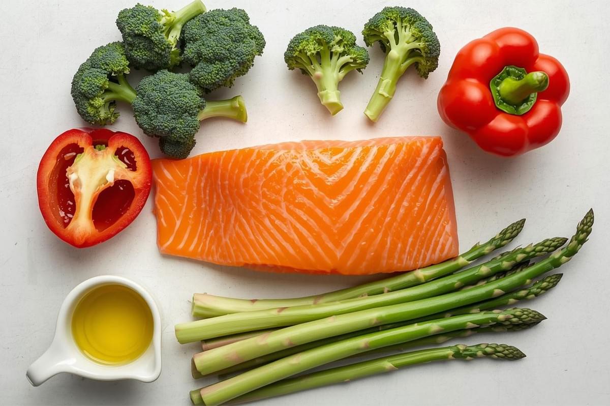 Flat lay image showing the raw ingredients for a healthy meal: a large salmon fillet, green asparagus spears, fresh broccoli florets, and red bell peppers.