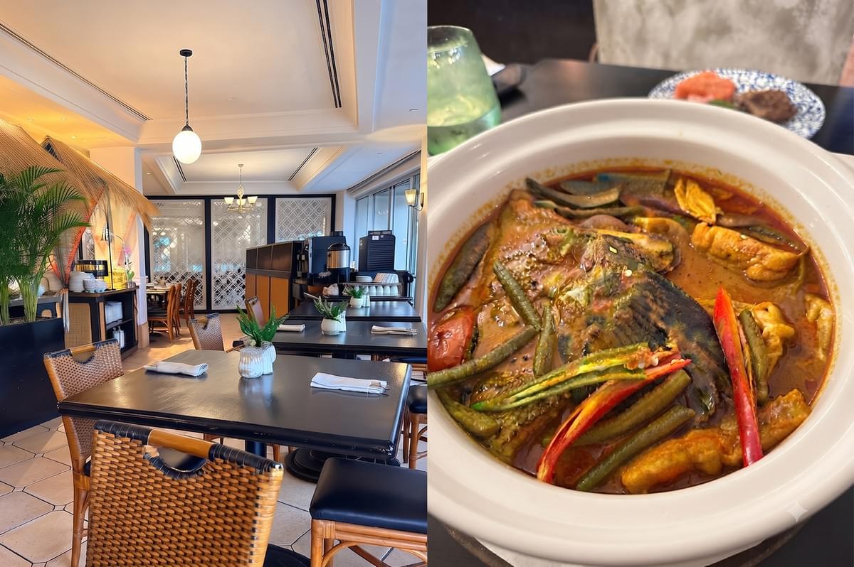 Asian Market Café at Fairmont Singapore interior and halal fish curry dish.