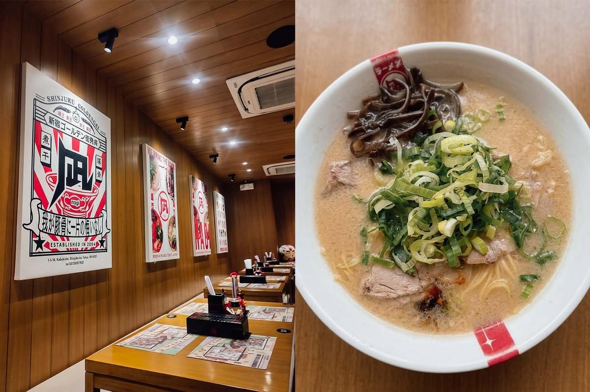 A two-panel collage highlighting Ramen Nagi: the left panel shows the restaurant's modern interior with warm wooden paneling, red-and-white posters along the wall, and wooden tables set for dining; the right panel shows a top-down view of a bowl of ramen with rich broth, tender chashu pork, wood ear mushrooms, and a generous heap of fresh green scallions.