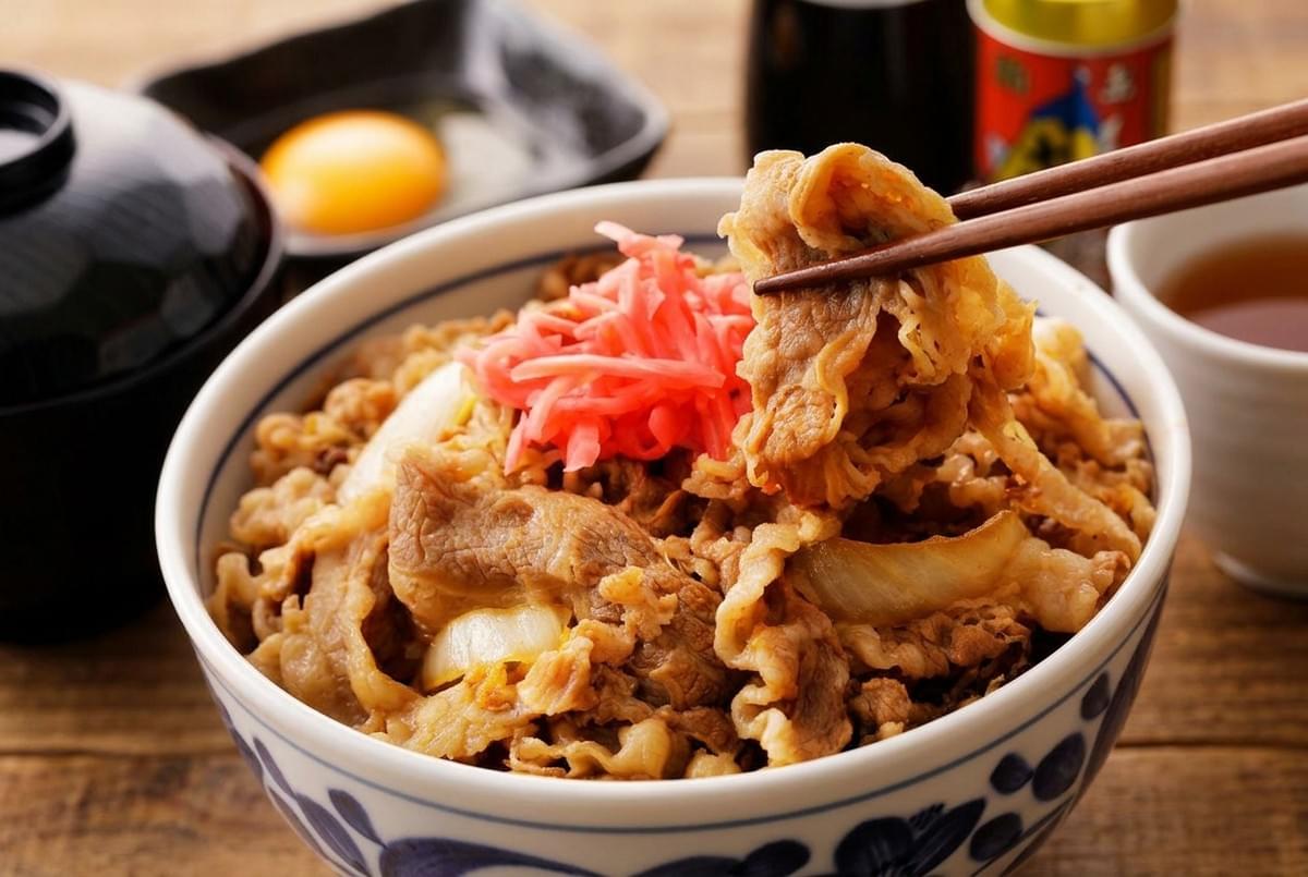 Close-up view of chopsticks picking up thinly sliced tender beef from a gyudon bowl.  