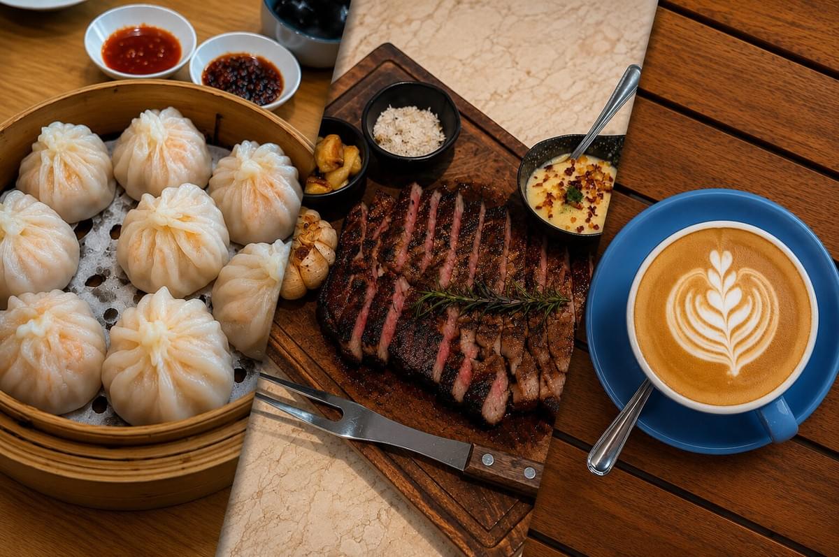 A three-panel split image showcasing steamed dumplings in a bamboo basket, sliced grilled steak on a wooden board, and a latte with tulip latte art in a blue cup.