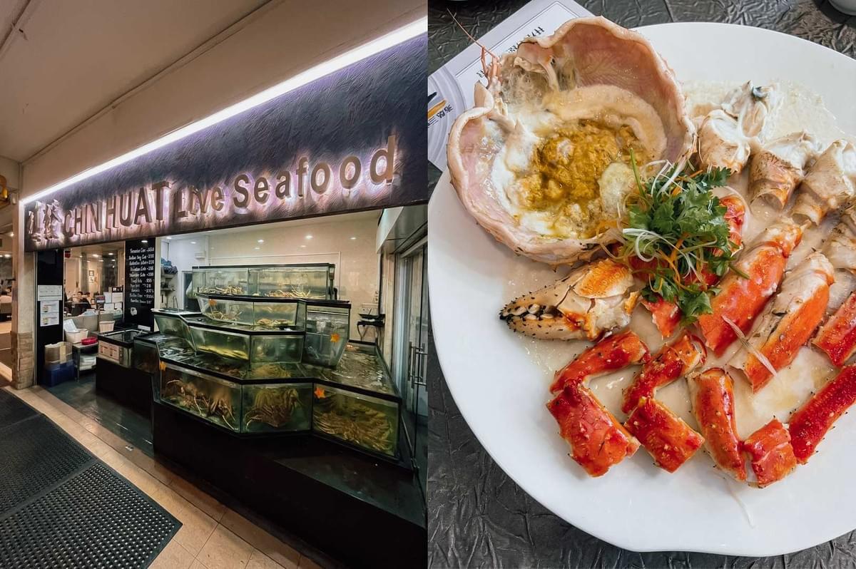 A split image showing the entrance of Chin Huat Live Seafood restaurant on the left and a cooked king crab dish on the right. The left side features a lit restaurant signboard above stacked glass live seafood tanks filled with crabs. The right side shows a large white platter featuring steamed red king crab legs and claws arranged around an overturned crab carapace filled with creamy egg white sauce and crab roe, garnished with fresh cilantro and shredded carrots.