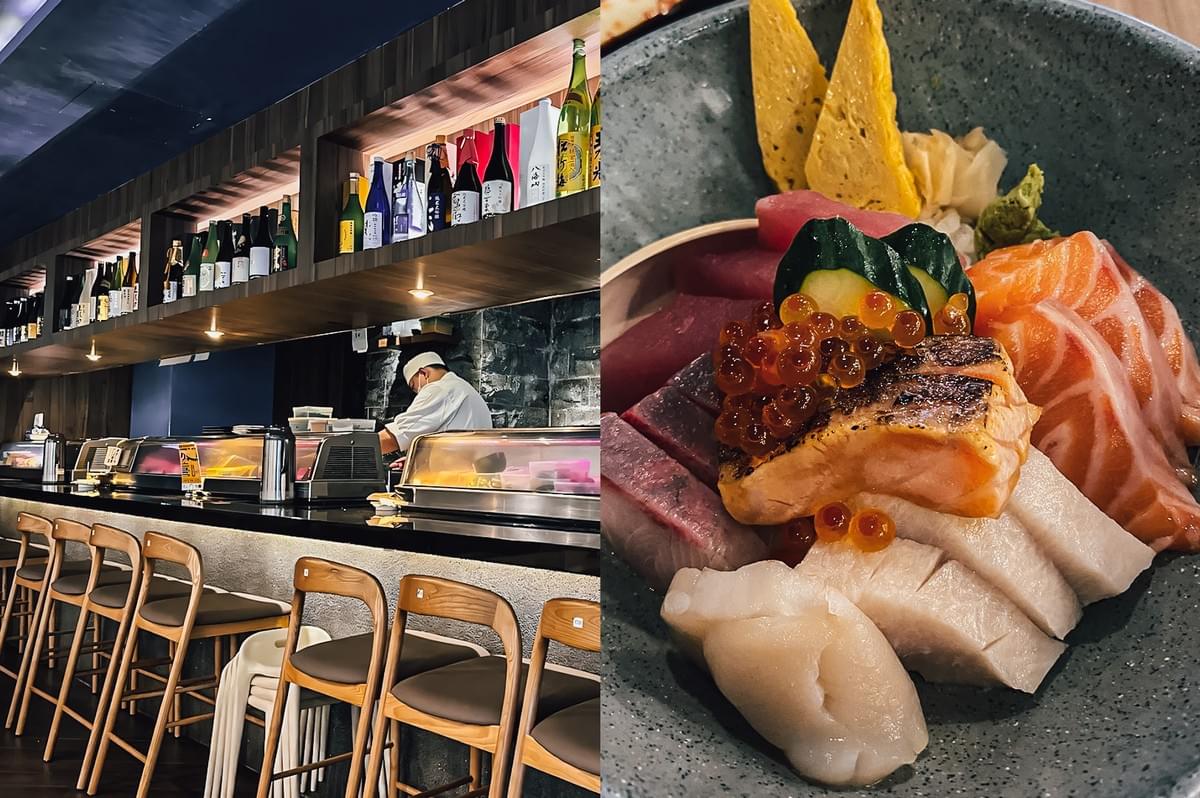 “Left: Wide-angle, eye-level view of a Japanese sushi bar interior with a long counter lined with wooden chairs, refrigerated display cases, a chef workstation, overhead shelves filled with sake bottles, dark wood finishes, and warm ambient lighting. Right: Close-up, slightly top-down view of a chirashi-style seafood bowl featuring sliced salmon, white fish, seared fish, tuna, salmon roe, cucumber slices, pickled ginger, wasabi, and garnishes arranged in a textured ceramic bowl, highlighting fresh textures and rich color variation.”
