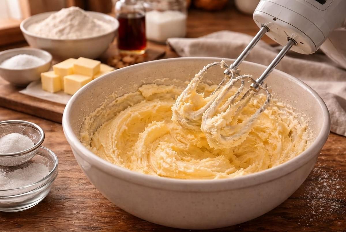 Electric hand mixer beating butter and sugar batter in a large mixing bowl. 