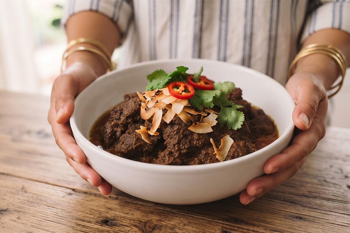 A person holding a white bowl of homemade beef rendang garnished with fresh cilantro, sliced red chili, and toasted coconut flakes on a wooden table.