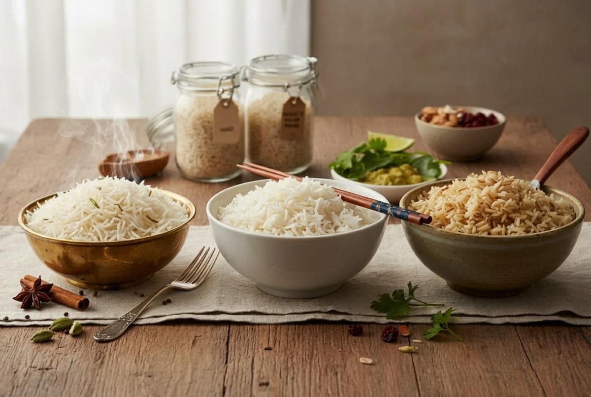 Three bowls containing different varieties of cooked rice alongside spices and glass storage jars on a wooden table.