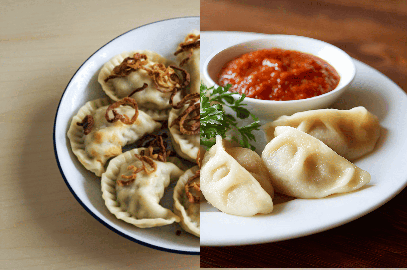 Side-by-side plates of dumplings—crispy onion-topped pierogi on the left, smooth Chinese dumplings with red dipping sauce on the right—celebrating the global diversity of dumpling traditions from Poland to China.