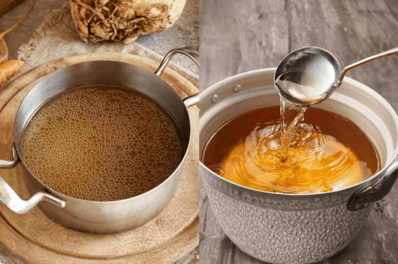 side-by-side comparison of two metal pots: the left contains a dark, rich beef stock with visible fat droplets, and the right shows a lighter, clear broth being lifted with a ladle.