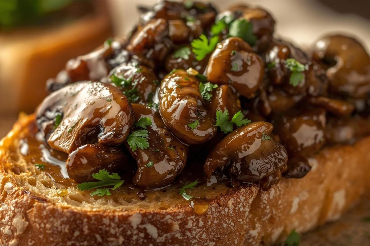 Close-up of glossy, sautéed brown mushrooms (likely cremini or portobello) piled high on a thick slice of toasted artisan bread, garnished with fresh chopped parsley.