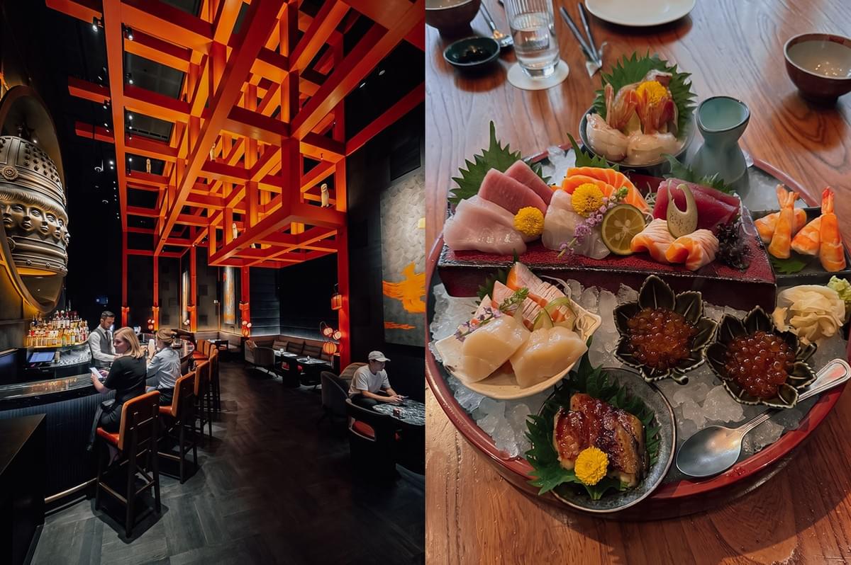 Left: Dimly lit interior of KOMA Singapore restaurant featuring a giant bronze bell above the bar and a bold, orange-red wooden grid ceiling structure. Right: Large japanese sashimi platter on ice, served with tuna, salmon, scallops, prawns, unagi, and ikura (salmon roe) in small leaf-shaped dishes.