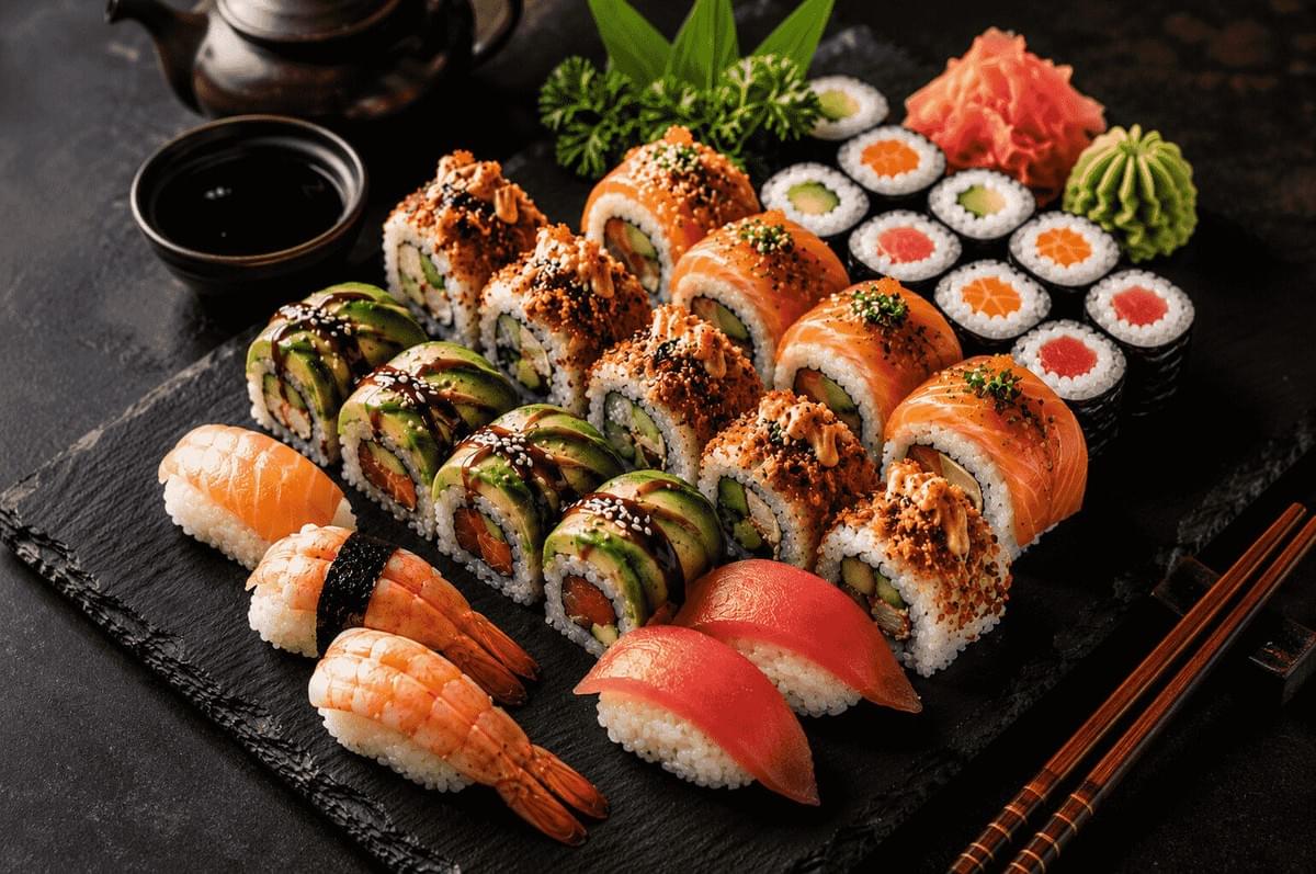 An assortment of nigiri and maki sushi rolls arranged on a dark slate board with ginger and wasabi.