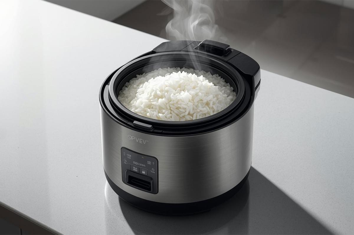 Stainless steel modern rice cooker with the lid open, filled with freshly cooked, steaming white rice, sitting on a kitchen counter.