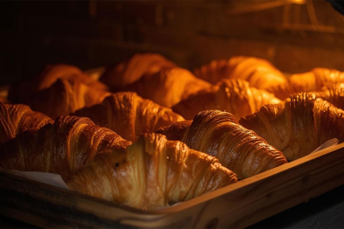 Row of croissants on a wooden tray, baking in the intense orange glow of an oven, highlighting their deep golden-brown color and flaky, ribbed texture.