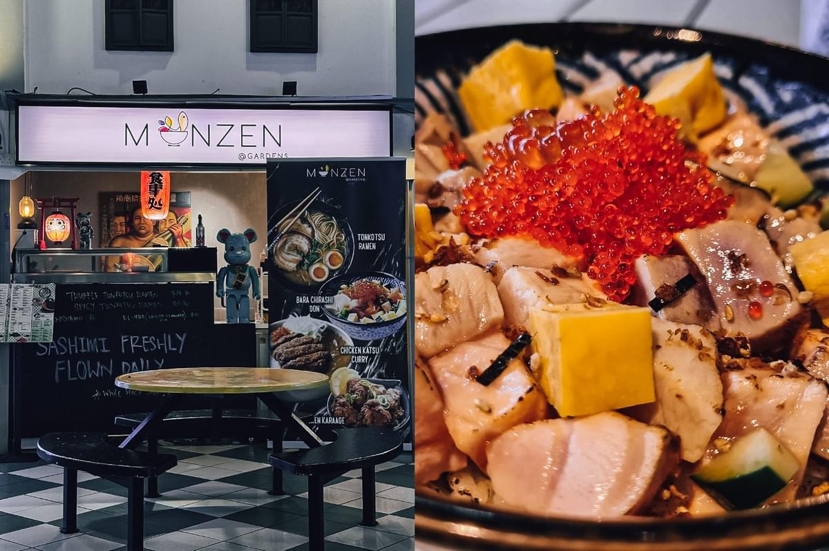 “Left: Eye-level view of a Japanese food stall storefront with a large illuminated ‘MONZEN @GARDENS’ sign, decorative lanterns, menu boards, promotional banners, display counter, round wooden table, benches, and checkered flooring under evening-style lighting. Right: Close-up, slightly angled view of a chirashi-style rice bowl topped with diced seafood, bright orange fish roe, yellow tamago cubes, cucumber pieces, seasoning flakes, and sauce-coated ingredients in a patterned ceramic bowl, emphasizing rich textures, glossy surfaces, and warm lighting.”
